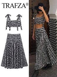 Trafza Women Fashion Print Skirts passen sexy backless mouwloze slanke korset crop top side zipper midi rok y2k streetwear sets 240423