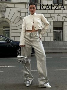 TRAFZA femmes mode argent taille haute Cargo pantalon Vintage poche décoration élégant décontracté ample femme brillant pantalon Y2K 240322