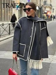 TRAFZA, abrigo de lana a la moda para mujer, abrigos con borlas de retazos y bufanda, chaqueta de manga larga con bolsillo, chaqueta cruzada, prendas de vestir exteriores de invierno 240108