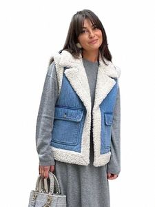 Trafza Femmes Fausse Peau De Mouton Fourrure Gilet Automne Hiver Chic Lady Denim Gilet Femme Manches Col V Veste Gilets a6y0 #