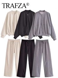 Trafza feminino sólido calça define zíper manga longa casaco bomber jaqueta cordão calças de cintura alta moda streetwear terno 240105