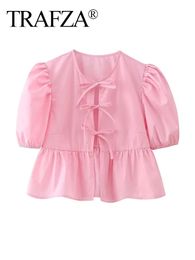 Trafza Femmes Sweet Pleas Puff Sleve Bow Lacet Up Up Tierred Smock Blouse Office Lady Shirt Chic Chemise Blusas Tops 240415