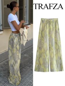 Trafza Fashion Fashion Retro Pantalons imprimés d'été pour femmes Tie Dye Patch Work High Bow Bow Elastic Wide Jam Leg Pants 240428