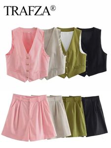 Trafza Womens Linen Couleur solide Vintage Vest Set Bouton V Col Top Chic Zipper Elegant Slim Jupe 2-Pièce 240327