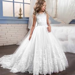 Vestido de novia de encaje blanco para niñas, vestidos de dama de honor de noche de primera comunión, fiesta de princesa para niñas 240318