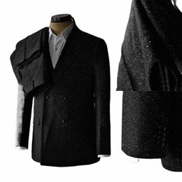 traje negro briljant para hombre, Blazer hecho a medida de 2 piezas, pantales de doble botadura, Slim Fit, Formal, informal, de ncios, para fi m9K8#