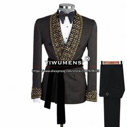 Trajes de boda de para novio para hombre, chaqueta c cuentas de piedras preciosas doradas, pantalones, esmoquin Formal para fiesta y banquete, G8CF#