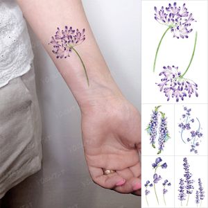 Transferencia impermeable tatuaje temporal pegatina lavanda flor púrpura planta Flash Tatto mujeres hombres muñeca brazo cuerpo arte falso Tato chico