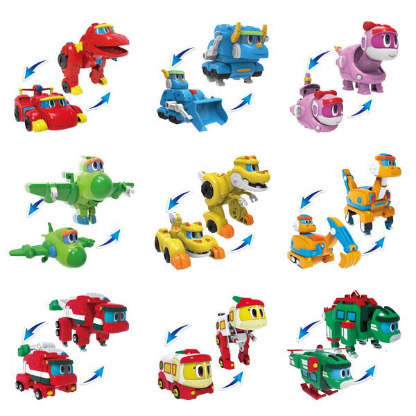 Juguetes de transformación Robots 9pcs / set ABS Min Gogo Dino Deformación Robot a dinosaurio Juguete Figuras de acción Transformación Coche Avión Lancha Grúa juguetes 230617