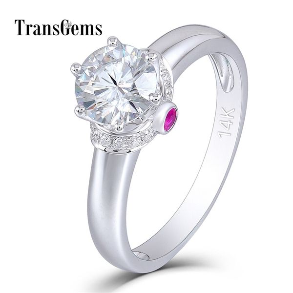 Transgems 14K 585 Or blanc 1ct 6,5 mm F Couleur Bague de fiançailles avec et Ruby Accents Cadeau d'anniversaire Y200620