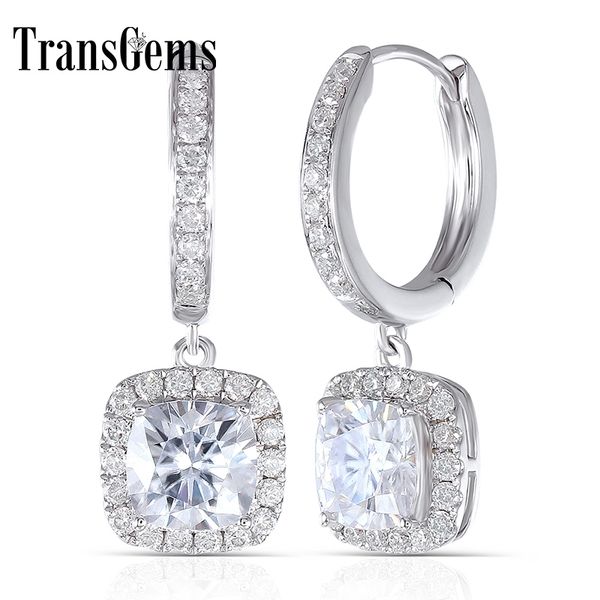 Transgems 14K 585 Or blanc 2.8CTW 6MM F couleur Coussin carré Coupe Moissanite Halo Hoop Boucles d'oreilles avec accents pour femmes Y200620