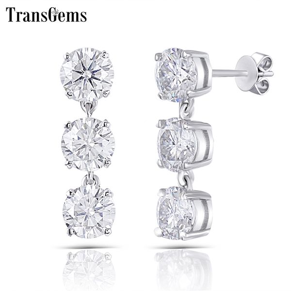 Transgems 14K 585 Oro blanco 3CTW 5 mm FG Color Moissanite transparente Tres pendientes de gota de piedra Push Back para mujer Y200620