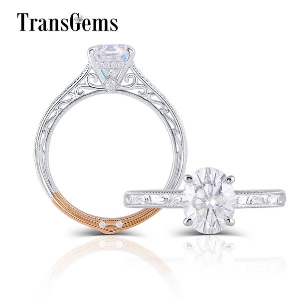 TransGems 14K 585 Blanc Jaune Or Deux Tons Bague Centre 7 * 9mm 2 ct Ovale Moissanite Bague de Fiançailles Quotidienne Porter Fine Bijoux Y200620