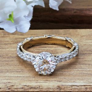 TransGems 14K wit en geel goudcentrum F kleur Moissanite diamant vintage verlovingsring voor vrouwen bruiloft y200620