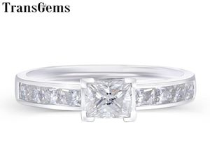 Transgems 14K White Gold 14CTW 07CT 5mm F Color Princess Cut Moissanite Engagement Ring met 25 mm prinses gesneden Side Stone Y19063042163