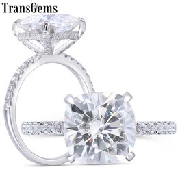 Transgems 14K Oro Blanco 4.5CT 10MM Cojín Corte GH Color Bajo Halo Anillo de Compromiso con Media Banda Para Mujeres Y200620