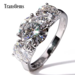 Transgems 14K White Gold 5CTW Center 3CT 9mm en 1CT 65 mm F Color Moissanite Three Stone Moissanite verlovingsring voor vrouwen Y193247941