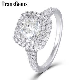 Transgems 14k oro blanco doble halo anillo centro 1ct 6 mm cojín cuadrado corte F color moissanita anillo de compromiso para mujeres boda Y200620