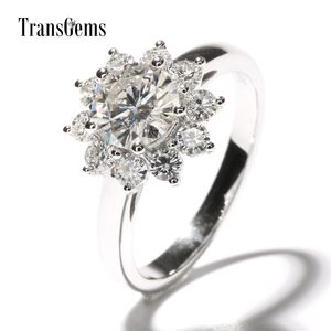 TransGems 2 CTW Carat Lab Gegroeid Moissanite Diamant Bloemvormige Bruiloft Engagement Ring Halo Solid 14k Wit Goud voor Dames Y200620