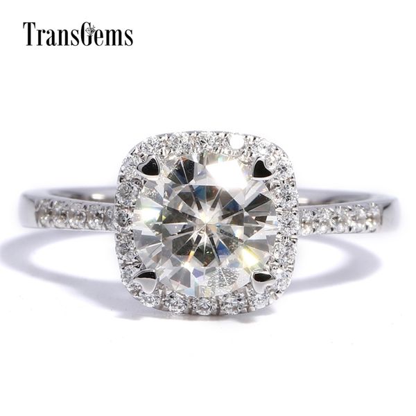 TransGems Center 1.5ct diamant Halo bague de fiançailles solide 14K or blanc pour les femmes anniversaire de mariage anniversaire Y200620