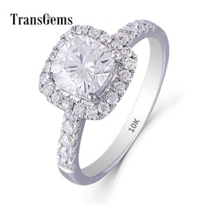 TransGems Center 1CT 6mm Fg kleurenkussen Cut 14k 585 Wit goud Moissanite Halo verlovingsring voor vrouwen emgagement gouden ring Y16835542