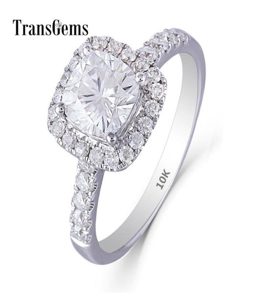 TRANSGEMS CENTRE 1CT 6MM FG COLOR CUSHION COUPE 14K 585 Bague de fiançailles Halo Moisanite en or blanc pour les femmes Emgagement Gold Ring Y14750518