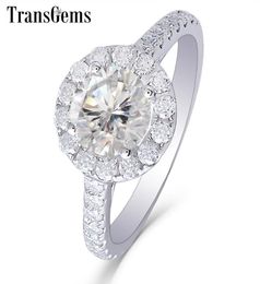 TransGems Center 1CT Halo Moissanite verlovingsring 14K Wit goud GH kleur 65 mm Moissanite met accenten voor vrouwen sieraden Y19063068649