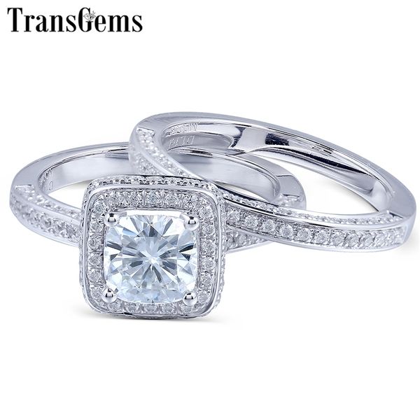 Transgems véritable 14k or blanc centre 1ct 6mm coussin coupé F couleur moissanite halo bague de fiançailles ensemble pour les femmes de mariage Y200620