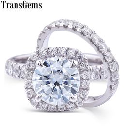 TRANSGEMS Moissanite Halo Bague de mariée Centre Centre 1.5ct 7.5mm F Couleur Moissanite 14K Bague en or blanc 14K pour femme mariage Y200620