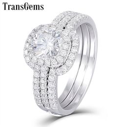 TransGems Solid 10K White Gold Engagement Bridal Set Center 1ct 6MM Vierkant Kussen Cut Halo Moissanite Ring Set voor Vrouwen Y200620202Q