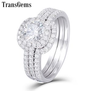 TransGems Solid 10k White Gold Engagement Bridal Set Center 1CT 6mm vierkante kussen gesneden halo Moissanite Ring Set voor Dames Y200620