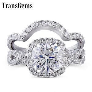 Transgems Solid 10K White Gold Engagement Bridal Set Center 2CT 7.5 mm vierkante kussen Cut Halo Ring Set voor vrouwen Y200620