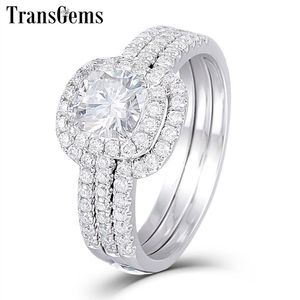 Transgems Solide 10k Engagement en or blanc Engagement Bridal Set Center 1CT 6 mm Coussin carré Coup Halo Moisanite Ring Set pour les femmes Y200620242S