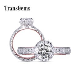 TransGems Solid 14k 585 Wit en Rose Goud F Colorless Moissanite Engagement Milgrain Edge Ring voor Dames Vintage Fijne Sieraden Y200620