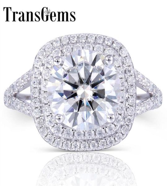 Transgems Solid 14k 585 Centro de oro blanco 3CT MOISSANITE Diamond Double Halo Ring con acentos Joyas finas para mujeres Y190612033086364