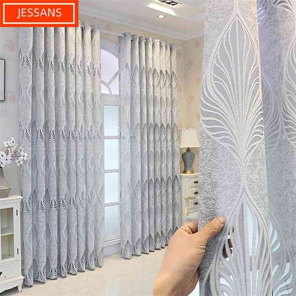 Translucide et opaque gris simple feuille moderne gaze rideau de luxe rideaux semi-occultants pour salon salle à manger chambre 210913