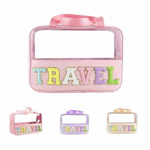 Sacs W translucides de voyage de voyage avec plaques de lettres grandes sacs de maquillage transparents pochette à glissière avec organisateur de bain à poignée W4VR #