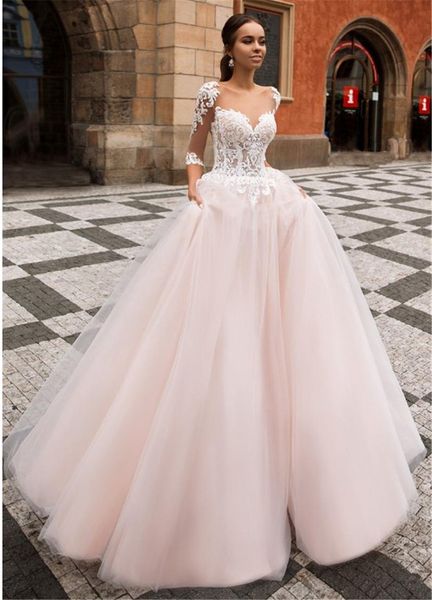 Transparente 3 4 manga larga Un vestido de novia de línea rosa rosa pálido