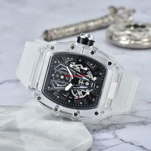 transparant 3-pins luxe mannen hoge kwaliteit diamanten quartz horloge holle glazen achterkant roestvrij stalen kast horloge zwart rubber