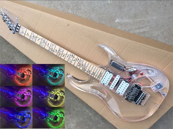 Guitarra eléctrica acrílica transparente con mástil de arce con luz LED colorida, oferta personalizada