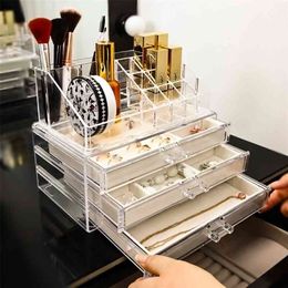 Transparante Acryl Sieraden Opbergdoos Make-up Organizer Set Lipstick Ketting Ring Opslag 3-Layer Flanel Lade Opbergrek 210626