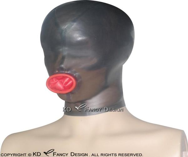 Capucha de látex transparente negra y roja con cremallera en la parte posterior, máscara de goma con fosa nasal abierta, talla grande 00262073704