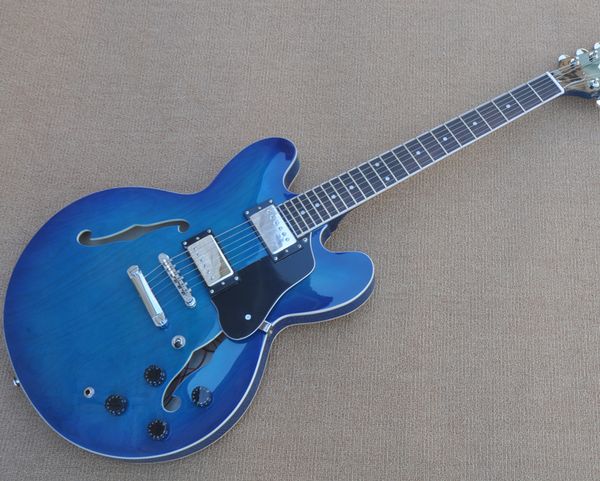 Guitare électrique à corps Semi-creux bleu Transparent avec pont fixe matériel chromé offre Logo/couleur personnaliser