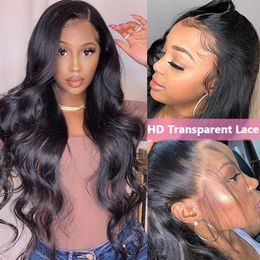 Transparant body wave kant frontale mens haar pruik voor zwarte vrouwen 250 dichtheid vooraf geplukte gluess less 13x6 kanten frontale pruik baby 26inch