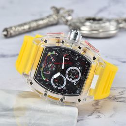 fond transparent montres pour hommes à 6 broches diamant montre à quartz verre creux dos boîtier en acier inoxydable montre en caoutchouc noir