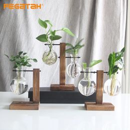 Vase de bulbe transparent avec support de bureau en bois pour planter pour les plants hydroponiques Coffee Shop Room Decor 240423