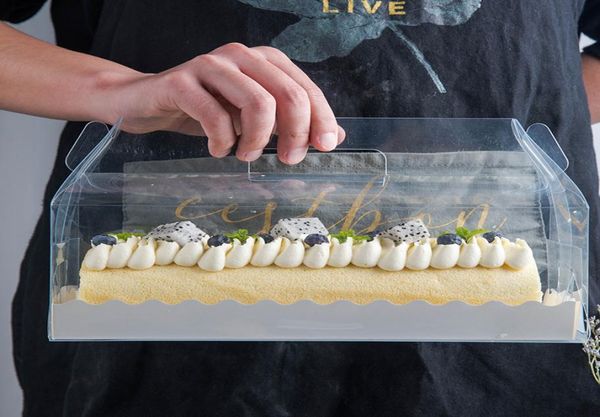 Boîte d'emballage transparente de rouleau de gâteau avec poignée boîte de gâteau au fromage en plastique Transparent écologique boîte de rouleau suisse de cuisson ZZA18644140473