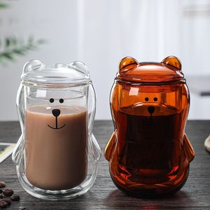 Tasse à café transparente ours mignon avec couvercle, tasse en verre à Double couche résistante à la chaleur pour jus de lait, cadeau d'anniversaire de la saint-valentin