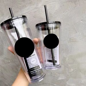 Transparante dubbele beker tuimelaars Koeling Mooie stro kleur veranderen plastic beker thermische isolatie koudwater cadea cadeaubus tumbler reiziger met stro logo lt288