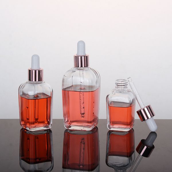 Verre compte-gouttes transparent bouteilles vides fond carré récipient cosmétique dame bouteille séparée huile essentielle plaqué or 1 15yx5 G2